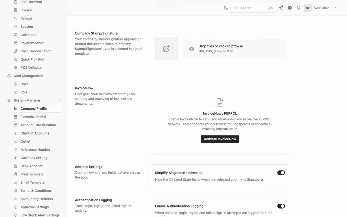 The InvoiceNow section of the company profile, before activation.