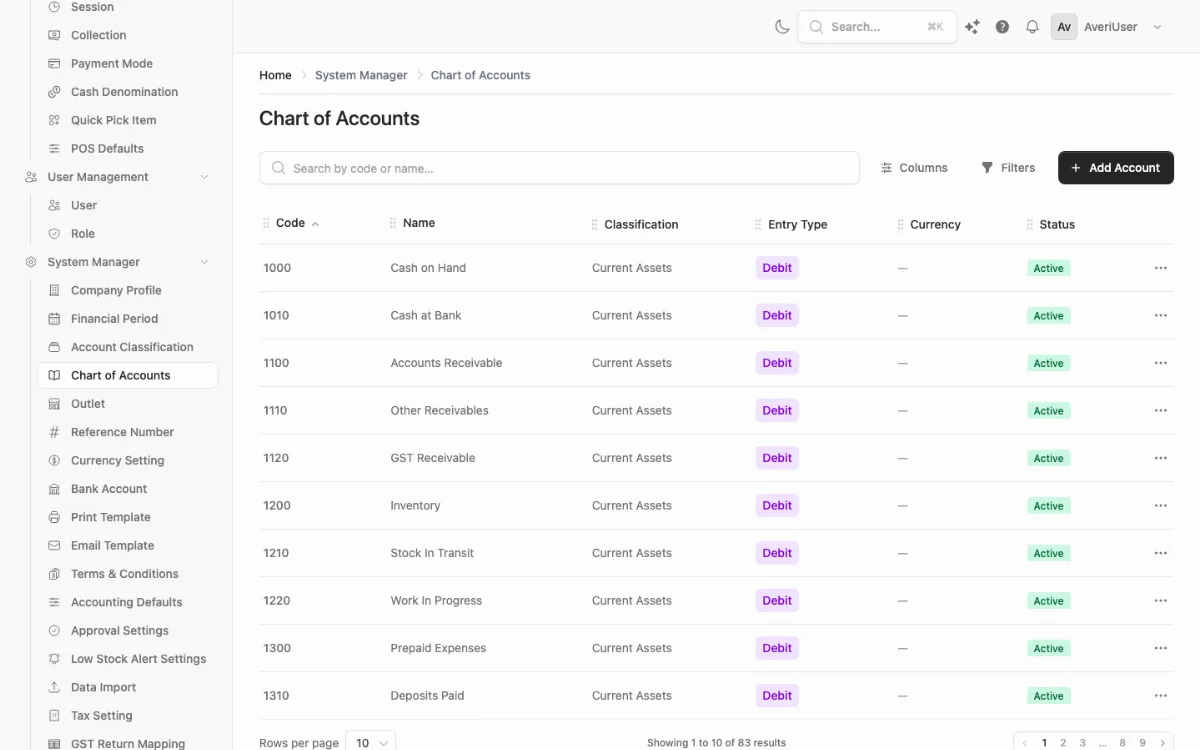 Every list has the same toolbar: search, columns, filters and the add button.