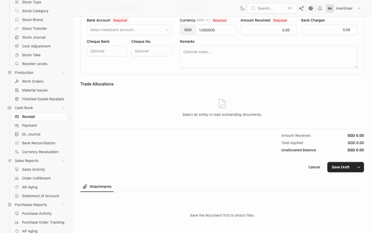 A receipt. Trade Allocations is where you match the money to invoices.