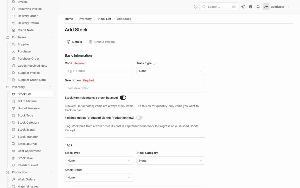 A new stock item: code and description on the Details tab, units and prices on the next.